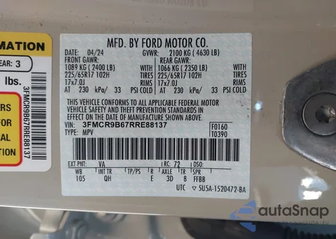 2024 Ford Bronco Sport Big Bend из США, поврежденный, VIN 3FMCR9B67RRE88137